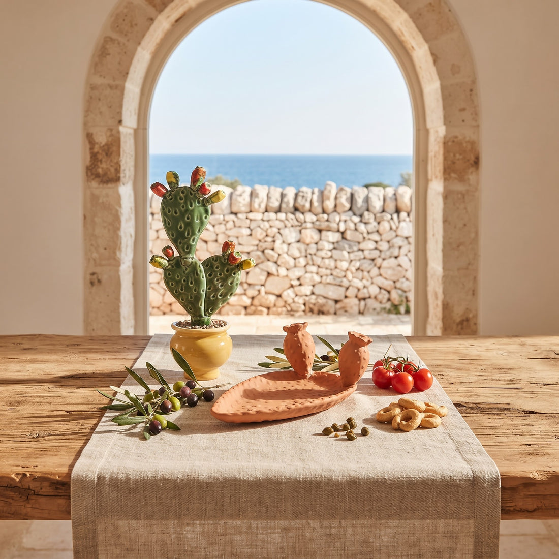 Ceramiche a forma di fico d’India su una tavola, con arco in pietra e vista sul mare.