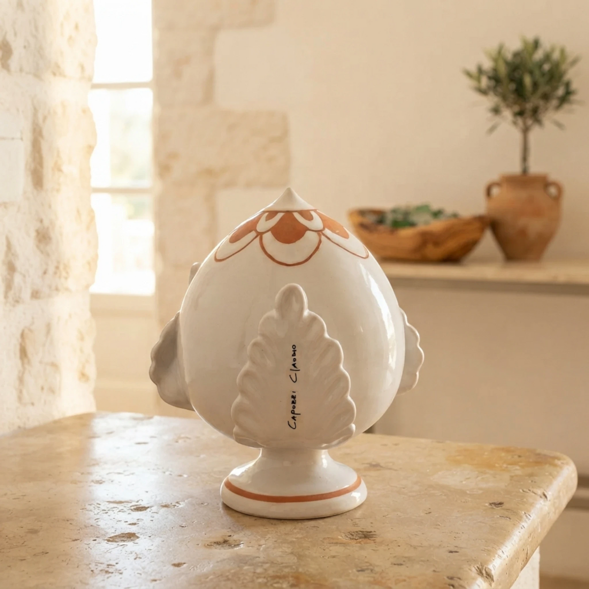 Pumo 13 cm — Foglie di Acanto | Maiolica Incisa Artigianale Puglia
