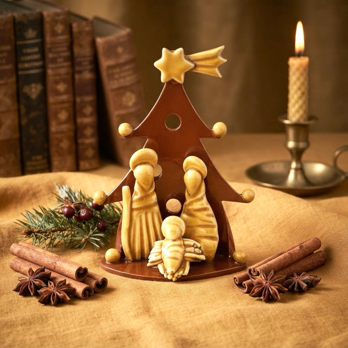 Statuina Presepe in Ceramica Artiganale con Albero Natalizio Traforato -  Fatto a Mano