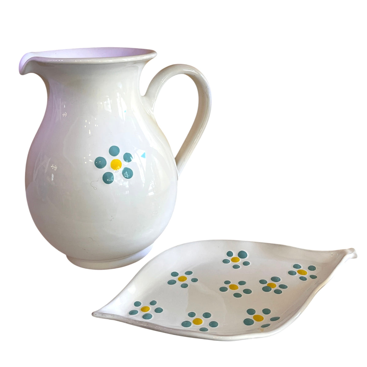 Set brocca e vassoio a foglia in ceramica con fiori