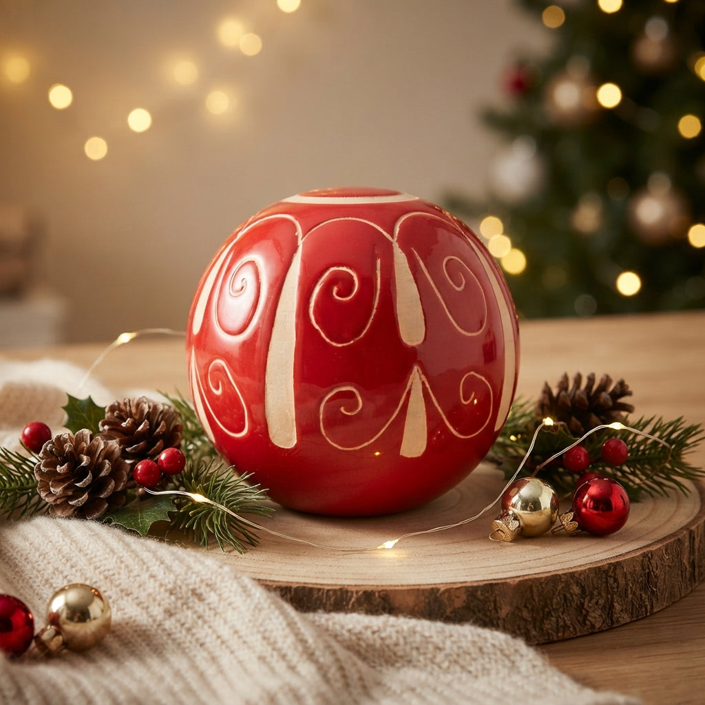 Palla decorativa in ceramica rossa utilizzata come centrotavola natalizio, appoggiata su un vassoio di legno con rami di pino, pigne e luci calde di Natale.